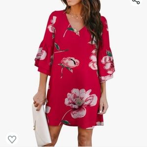 Summer Dress Cute V-Veck Bell Sleeve Shift Mini Red with Flowers Size XL